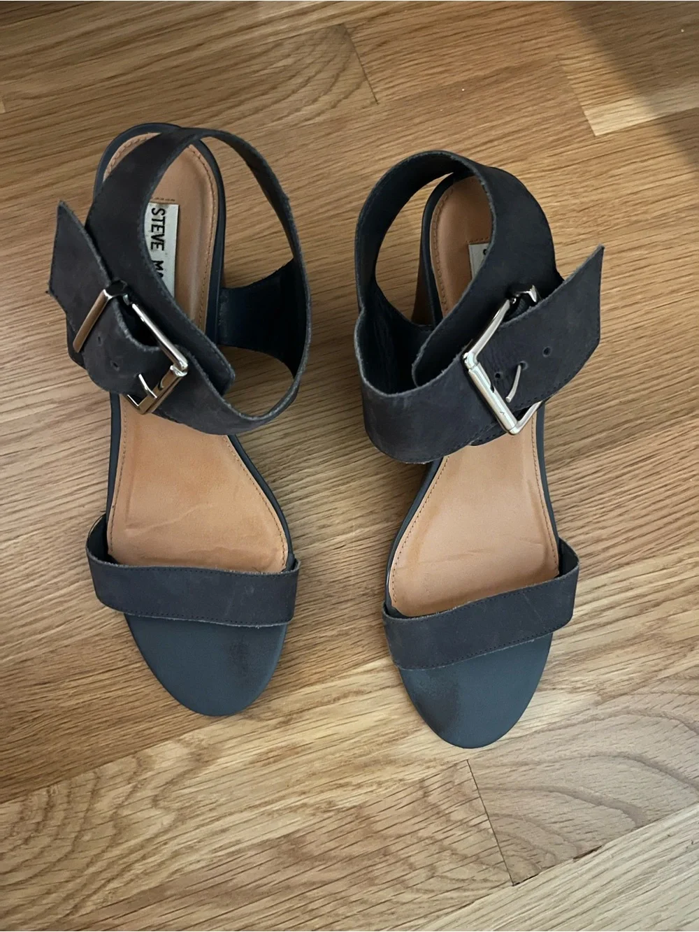 Steven By Steve Madden Grey Suede Buckle Ankle Strap Wedges